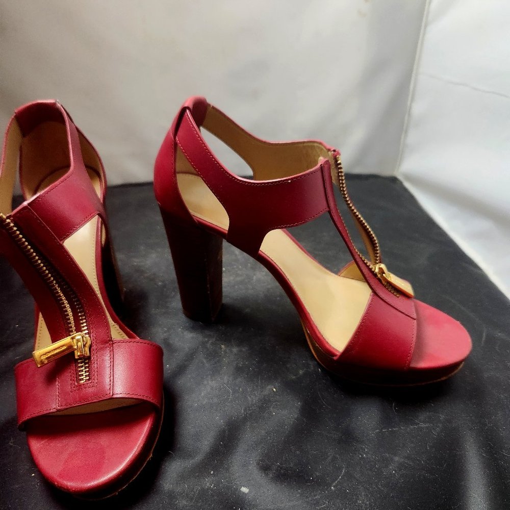 Red Michael Kors stacked heel leather zipper shoes